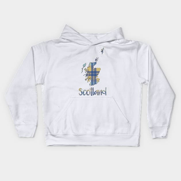 Scotland Blue and Yellow Tartan Map Typography Design Kids Hoodie by MacPean